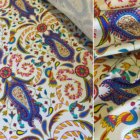 Off White, Yellow & Blue Paisley, Bird & Floral ‘Cotton Feel’ Lycra Fabric - 1m