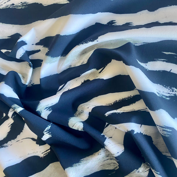 Navy Blue, White & Grey Tiger / Zebra Stripe Lycra Fabric 1m