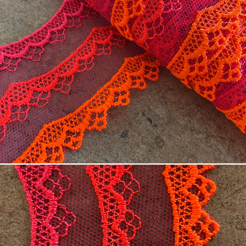 Pink & Orange Fluro Scallop Embroidery Edging “Lace” (56mm Wide) - 1m