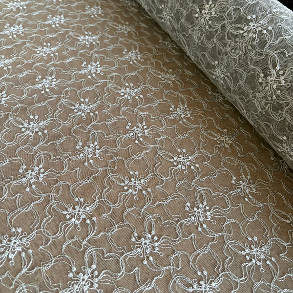 Steel Grey & Glitter Lurex Poppy Allover Rigid Embroidery on Grey Mesh Tulle Net - 1m