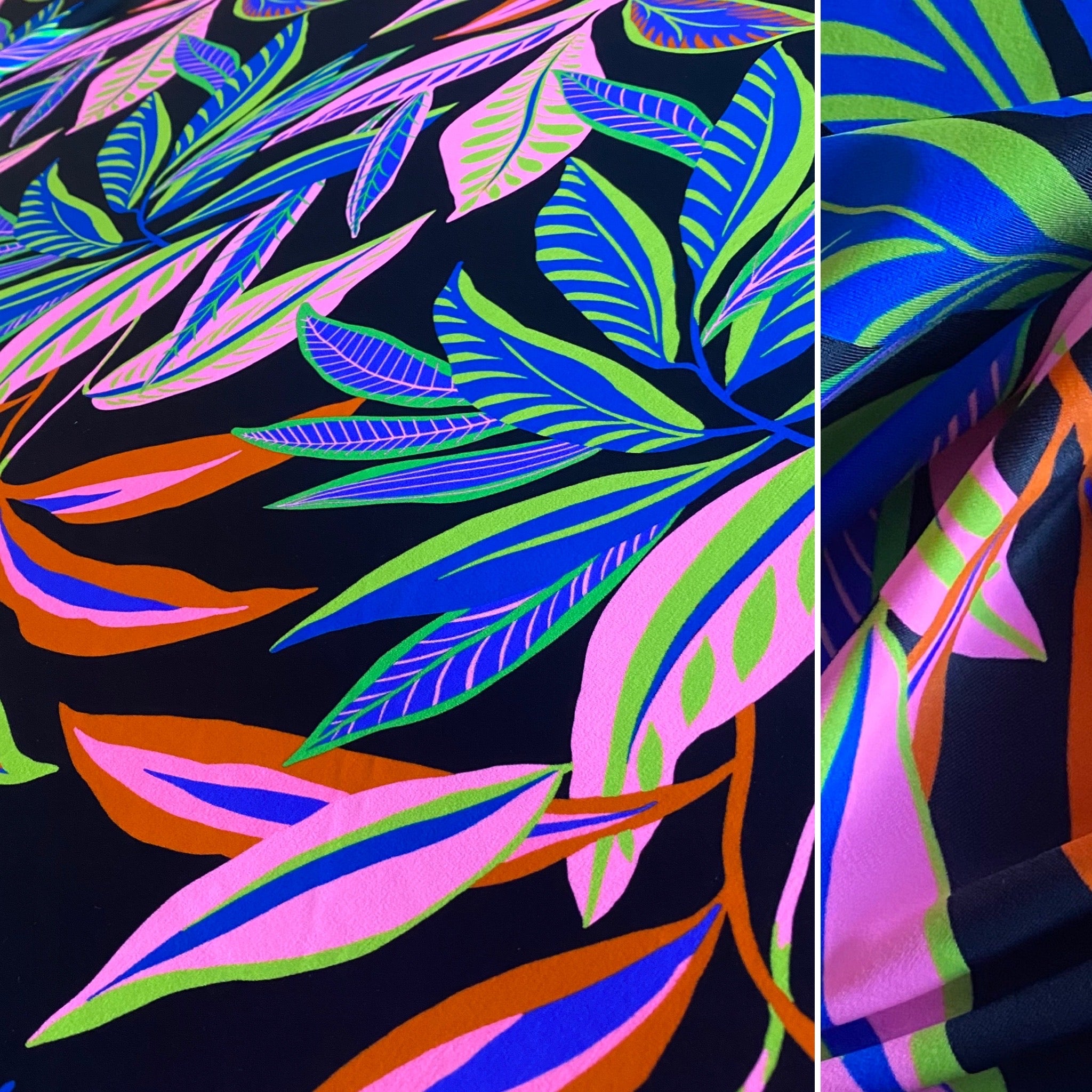 Green, Orange, Pink and Blue Leaf print on Black Tropical Lycra Fabric - 1m