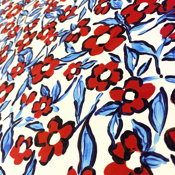 Red, Blue, Black on Off White Floral Lycra Fabric - 1m