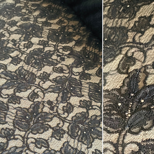 Black and Black / Purple Floral Rigid Allover Lace (145cm wide) - 1m