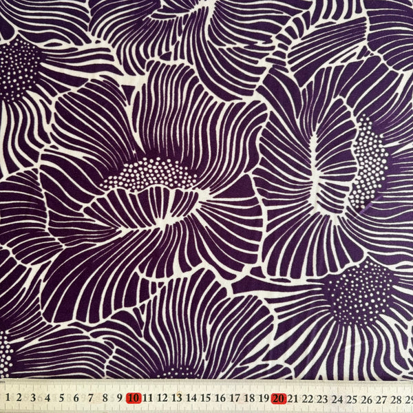 Purple Off White Graphic “Nordic” Inspired Floral Poppy Wave Lycra Fabric - 1m