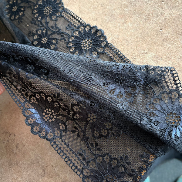 Midnight & Ruby Red Floral Stretch Galloon Lace (23.5cm Wide) - 1m