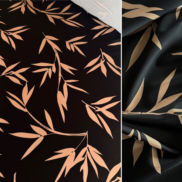 Dark Green Bamboo Leaf on Turquoise Print Lycra Fabric - 1m