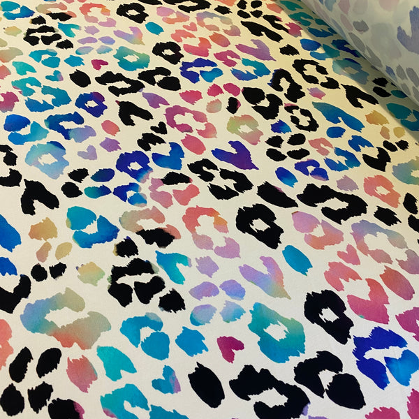 Rainbow & Black on White Leopard Lycra Fabric - 1m