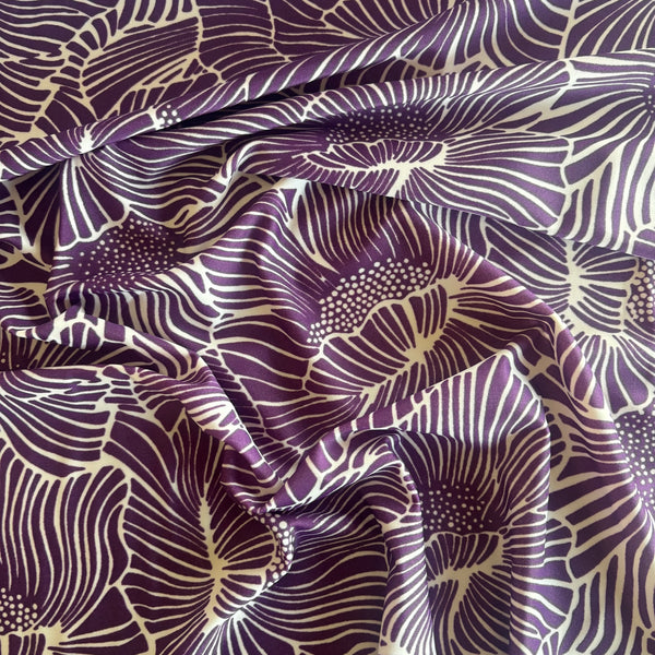 Purple Off White Graphic “Nordic” Inspired Floral Poppy Wave Lycra Fabric - 1m