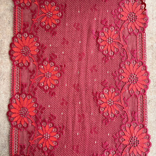 Midnight & Ruby Red Floral Stretch Galloon Lace (23.5cm Wide) - 1m