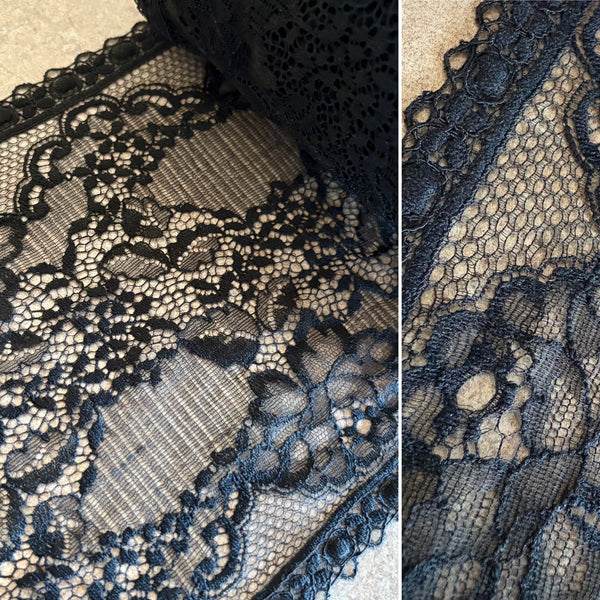Black Floral “Loop” Edge Leavers Stretch Galloon Lace (19cm Wide) - 1m