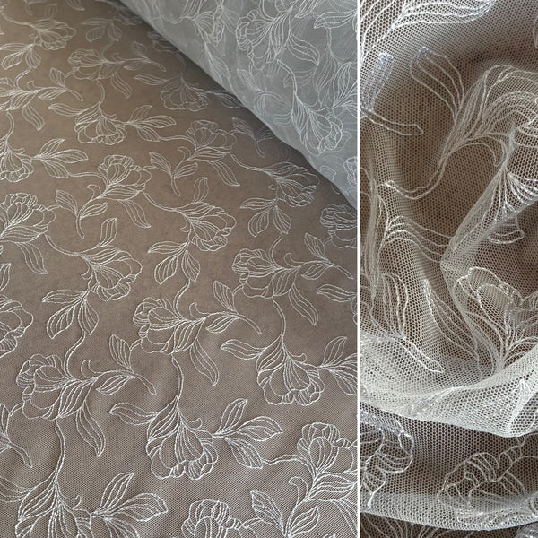 Ice Blue, Midnight Navy, Silver Shine, & Cerese Allover Embroidery Mesh Tulle Net - 1m