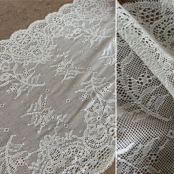 Ivory Floral “Wheel” Stretch Galloon Lace (24.5cm Wide) - 1m