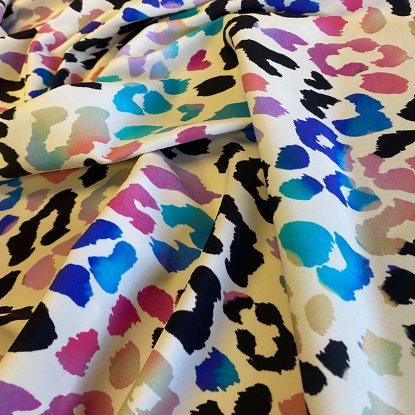 Rainbow & Black on White Leopard Lycra Fabric - 1m