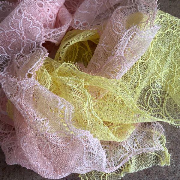 Lemon Yellow and Frosted Pink Micro Eyelash Lace 8cm Wide - (3m length)