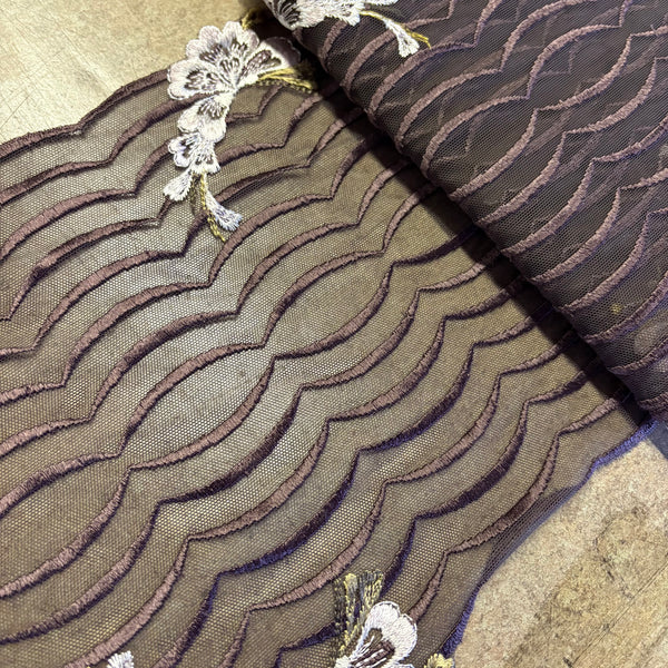 Ivory Black Beige & Brown Floral Stretch Embroidery Edging “Lace” (23cm Wide) - 1m