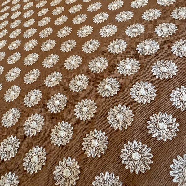 Dark Tan & White Daisy Floral Soft Lightweight Stretch Embroidery Mesh Tulle Net - 1m