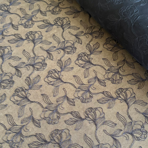 Ice Blue, Midnight Navy, Silver Shine, & Cerese Allover Embroidery Mesh Tulle Net - 1m