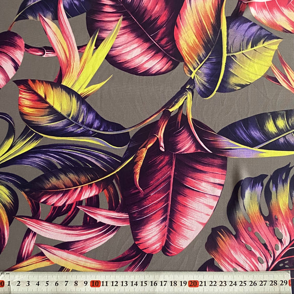 Pink, Purple & Yellow on Smokey Leaf on Grey Print Tropical Lycra Fabric - 1m