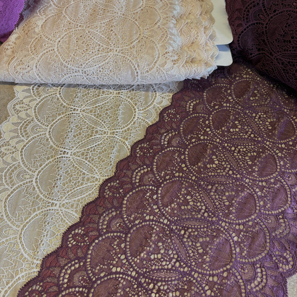Cream or Wine / Maroon Stretch Galloon Lace (22cm Wide) - 1m