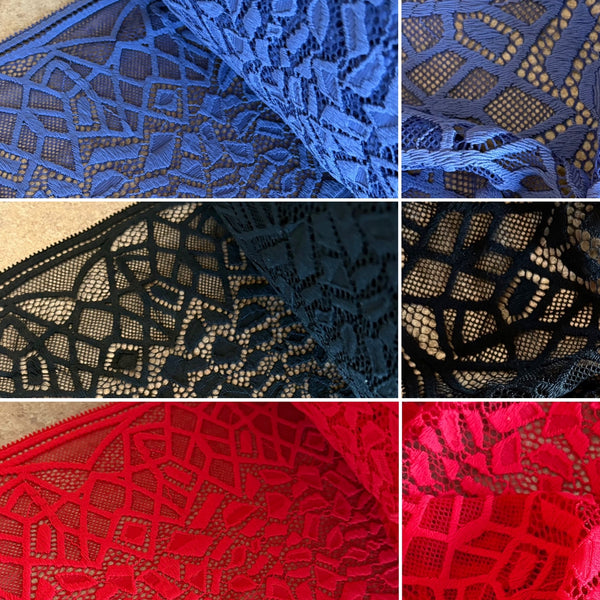Black, Lava Red and French Blue “Giraffe” Stretch Galloon Lace (22cm Wide) - 1m