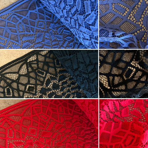 Black, Lava Red and French Blue “Giraffe” Stretch Galloon Lace (22cm Wide) - 1m