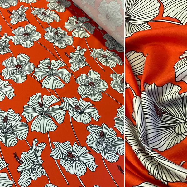 Orange Red Black & White Hibiscus Tropical Floral Print Lycra Fabric - 1m