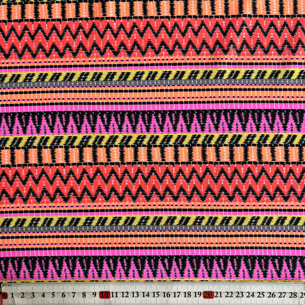 Multicoloured Pink Orange & Yellow Zig Zag and Stripe Graphic Lycra Fabric - 1m