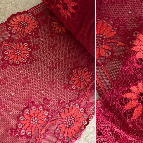Midnight & Ruby Red Floral Stretch Galloon Lace (23.5cm Wide) - 1m