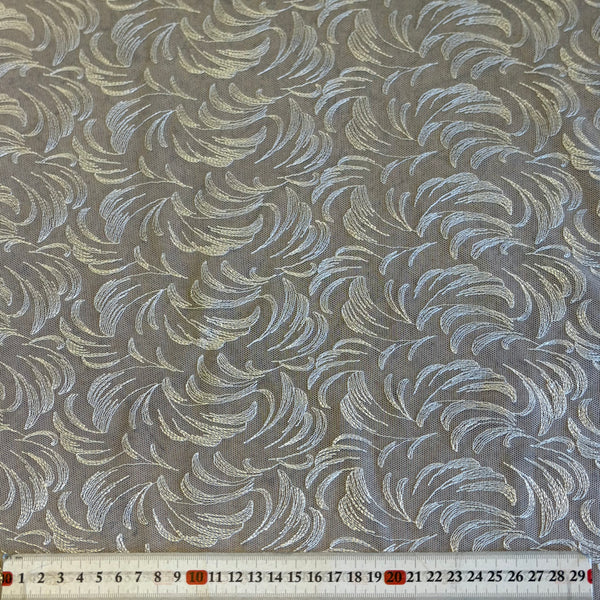 Maroon & Ivory Linen Rigid Allover Wave Embroidery Mesh Tulle Net - 1m