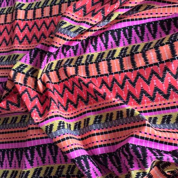 Multicoloured Pink Orange & Yellow Zig Zag and Stripe Graphic Lycra Fabric - 1m