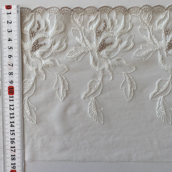 Ivory & Silver/Platinum Soft Lightweight Stretch Embroidery “Lace” Edging (18cm) - 1m