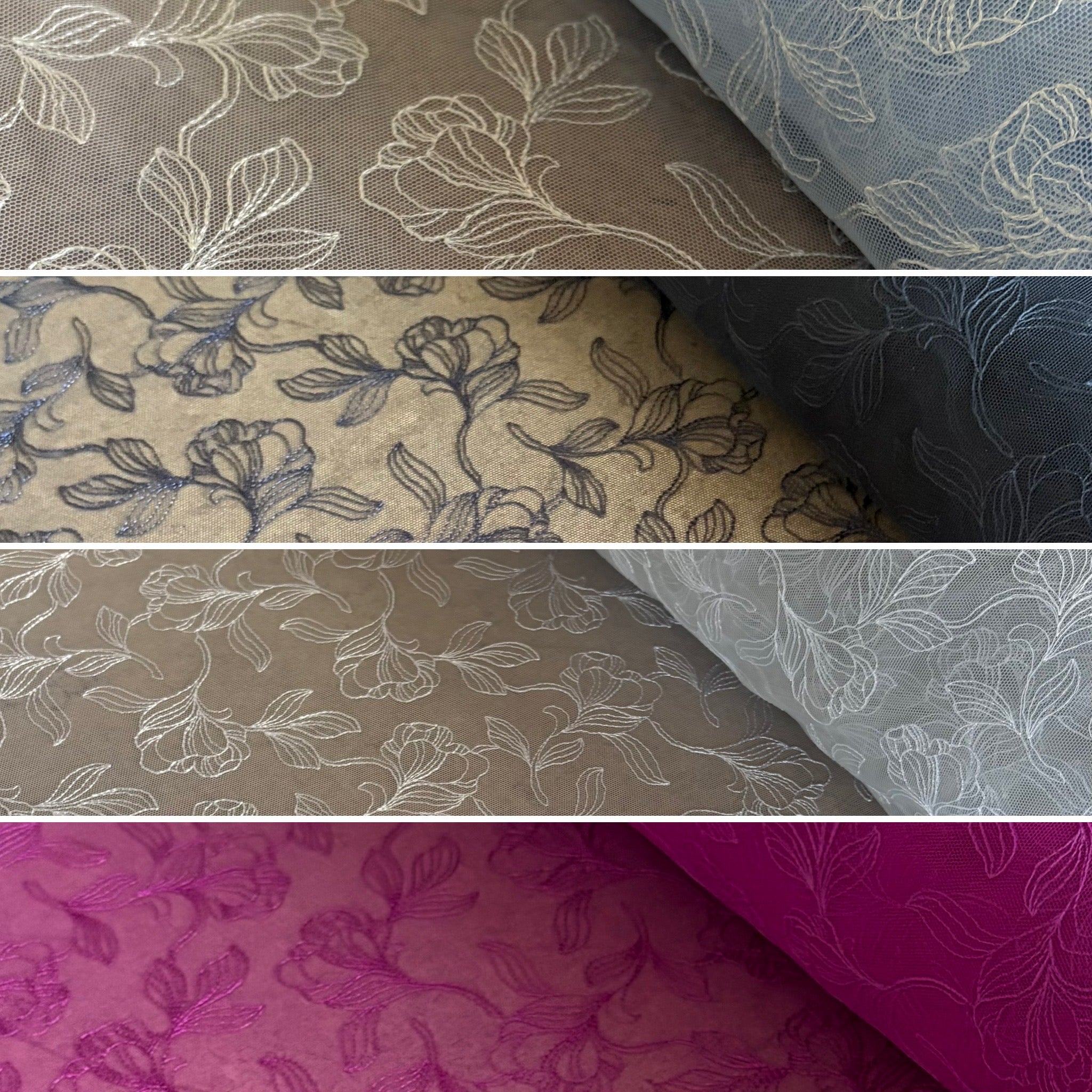 Ice Blue, Midnight Navy, Silver Shine, & Cerese Allover Embroidery Mesh Tulle Net - 1m