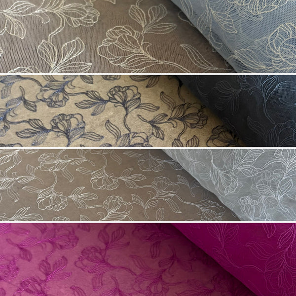 Ice Blue, Midnight Navy, Silver Shine, & Cerese Allover Embroidery Mesh Tulle Net - 1m