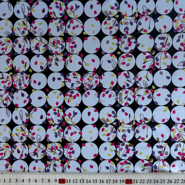Black & White Spot & Multicoloured Fairy Lights Leaf Print Nylon Lycra Fabric - 1m