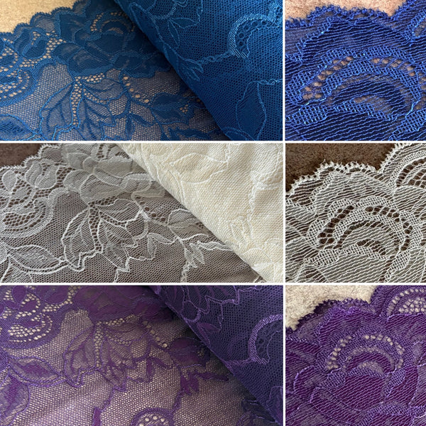Electric Blue, Ivory & Wild Blackberry Purple Floral Lace (23cm Wide) - 1m