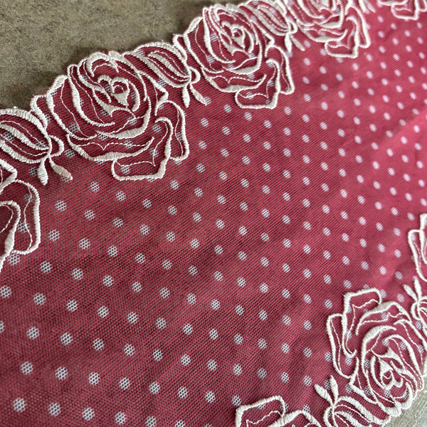Red & Cream Rose Floral Embroidery Galloon Edging “Lace” (21cm Wide) - 1m