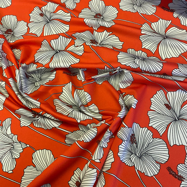 Orange Red Black & White Hibiscus Tropical Floral Print Lycra Fabric - 1m