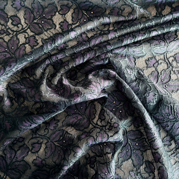 Black and Black / Purple Floral Rigid Allover Lace (145cm wide) - 1m