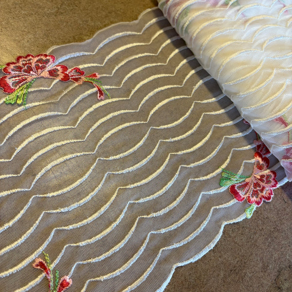 Ivory Black Beige & Brown Floral Stretch Embroidery Edging “Lace” (23cm Wide) - 1m