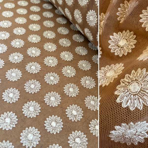 Dark Tan & White Daisy Floral Soft Lightweight Stretch Embroidery Mesh Tulle Net - 1m