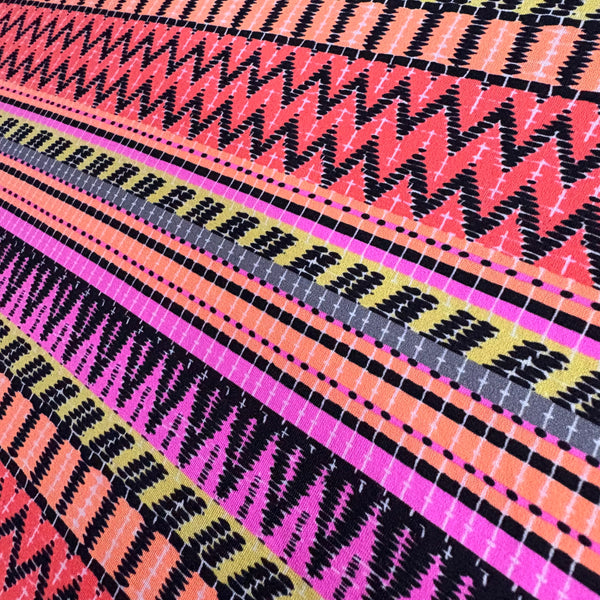 Multicoloured Pink Orange & Yellow Zig Zag and Stripe Graphic Lycra Fabric - 1m