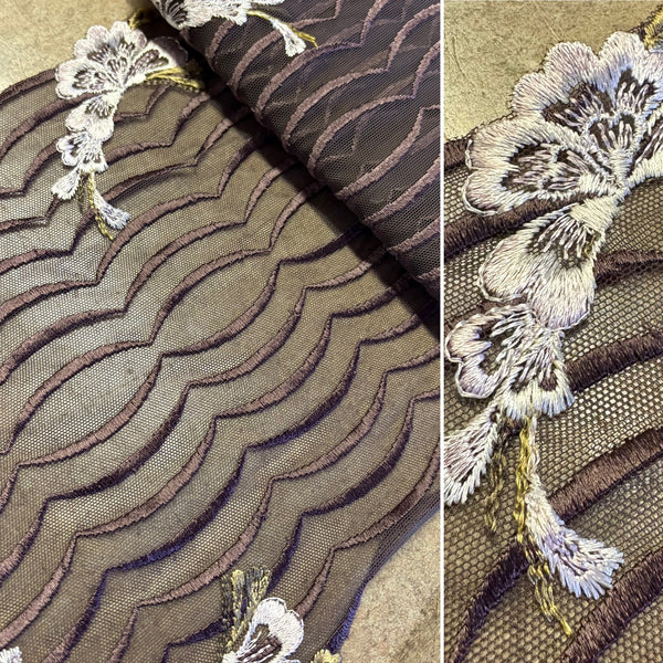 Ivory Black Beige & Brown Floral Stretch Embroidery Edging “Lace” (23cm Wide) - 1m