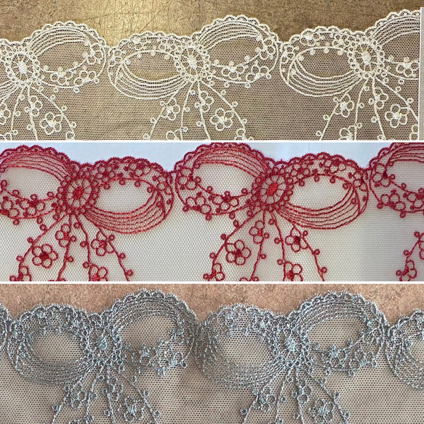 Ivory or Red & Ivory & Eau De Nil “Bow” stretch Embroidery Galloon Edging “Lace” (23cm Wide) - 1m