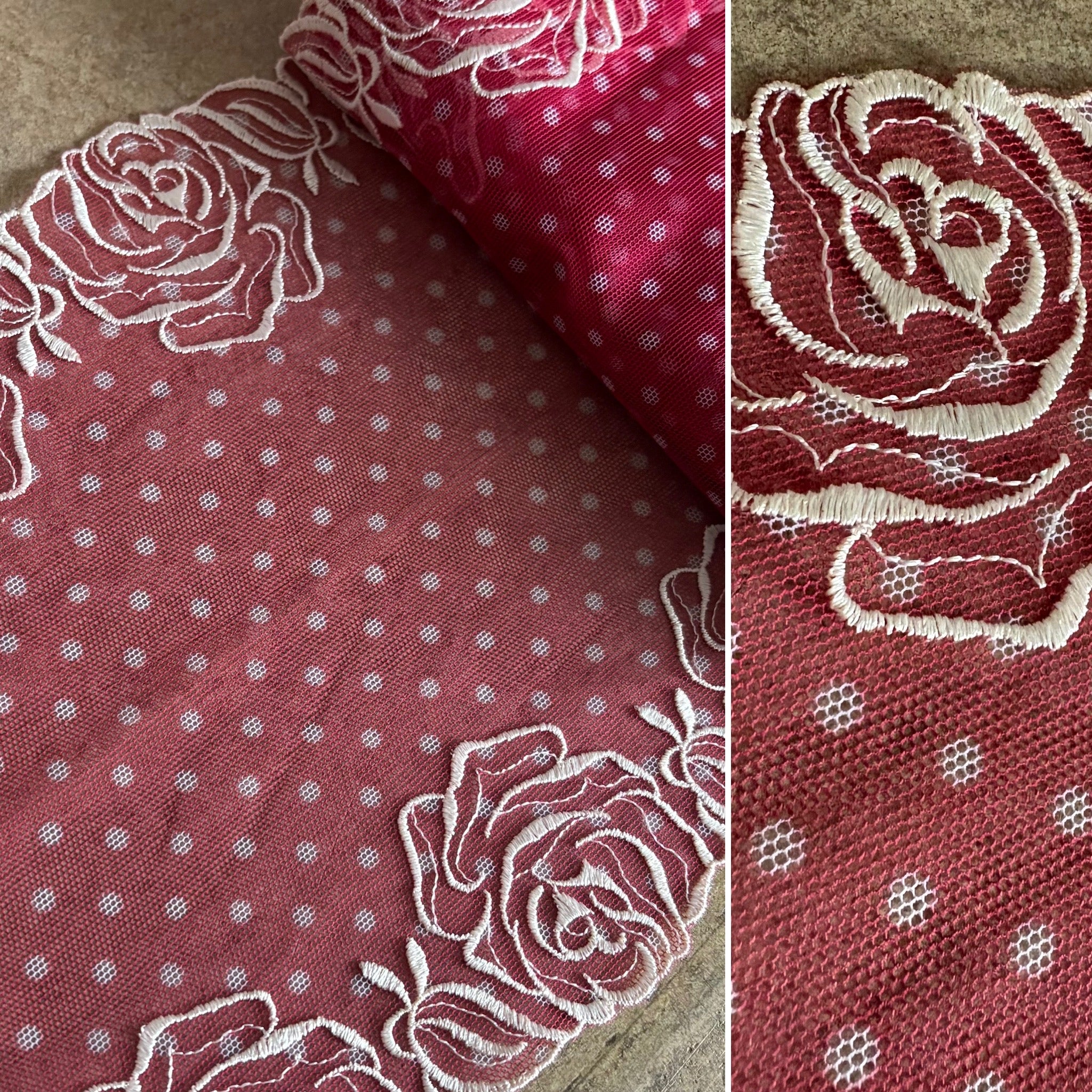 Red & Cream Rose Floral Embroidery Galloon Edging “Lace” (21cm Wide) - 1m
