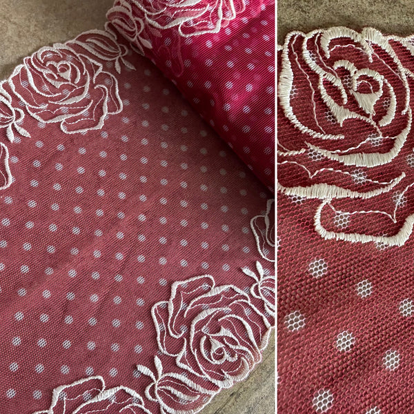 Red & Cream Rose Floral Embroidery Galloon Edging “Lace” (21cm Wide) - 1m