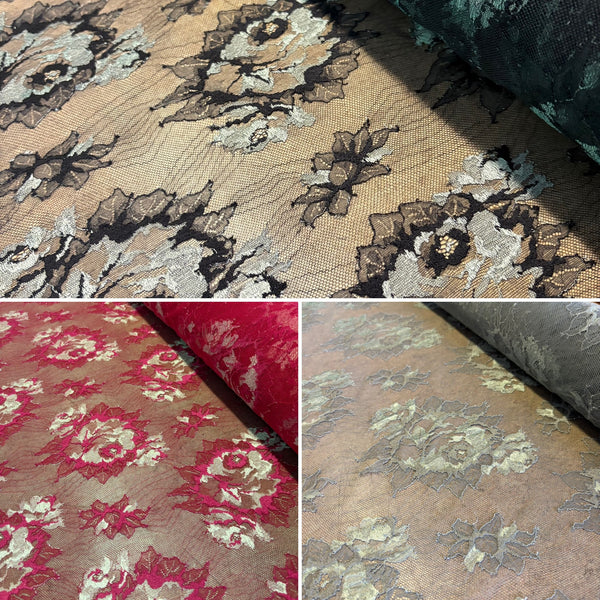 Floral Shimmer & Shine Allover Lace (In Scarlet, Black / Silver & Aqua / Silver) - 1m