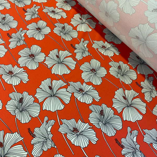 Orange Red Black & White Hibiscus Tropical Floral Print Lycra Fabric - 1m