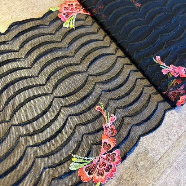 Ivory Black Beige & Brown Floral Stretch Embroidery Edging “Lace” (23cm Wide) - 1m