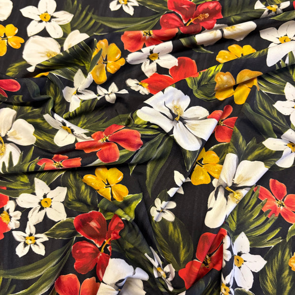 White Yellow & Red Leaf Print Tropical “Cotton Feel” Lycra Fabric - 1m
