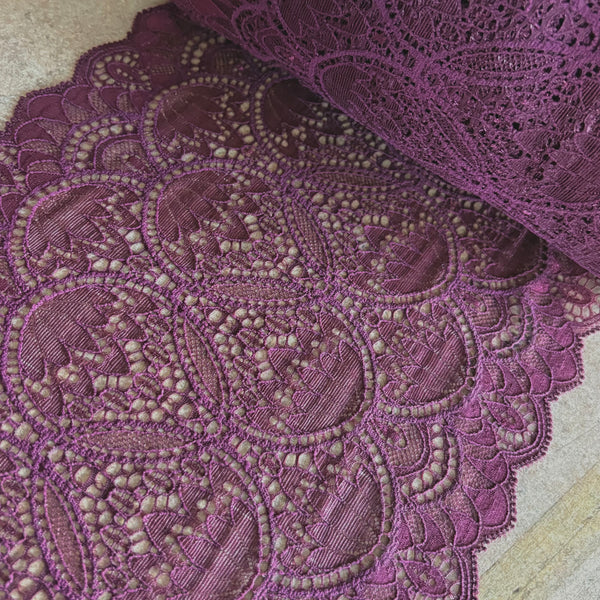 Cream or Wine / Maroon Stretch Galloon Lace (22cm Wide) - 1m